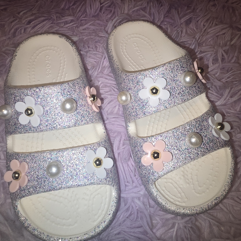 Glitter Slide Sandals with Floral Accents added Crocs Glitter Sandal C11